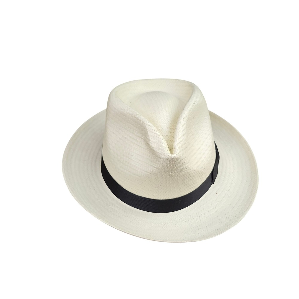 Stetson Panama Straw Fedora Hat XL Off-White Black Ribbon Band Made in Mexico
